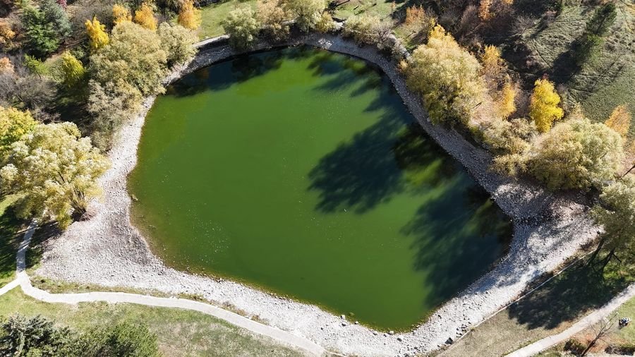 Lake Pio seen from above, green water and autumn trees along the edge
