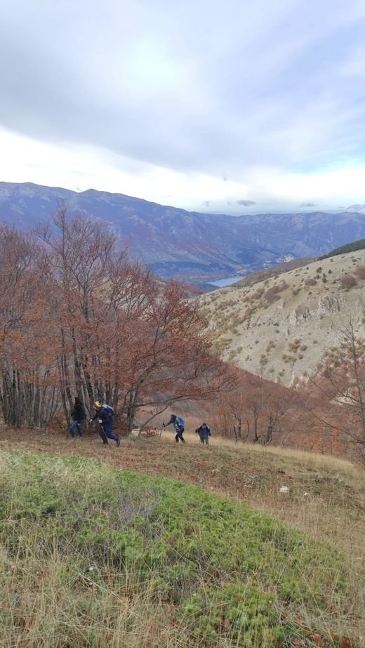 Quattro escursionisti salgono un pendio d'erba ripido tra faggi d'autunno, con il Lago di Scanno in fondo alla valle