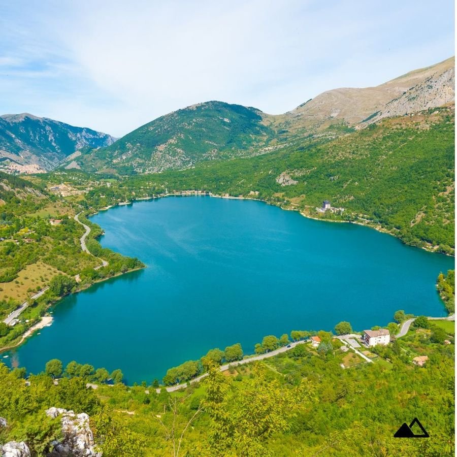 Lake Scanno seen from above, heart-shaped, surrounded by woods and mountains