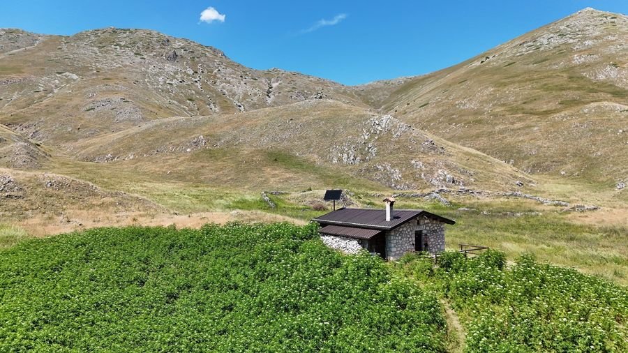 Lo Stazzo del Campo, casetta in pietra con il tetto scuro, in mezzo a una distesa di orapi verdi, sotto montagne di erba e roccia