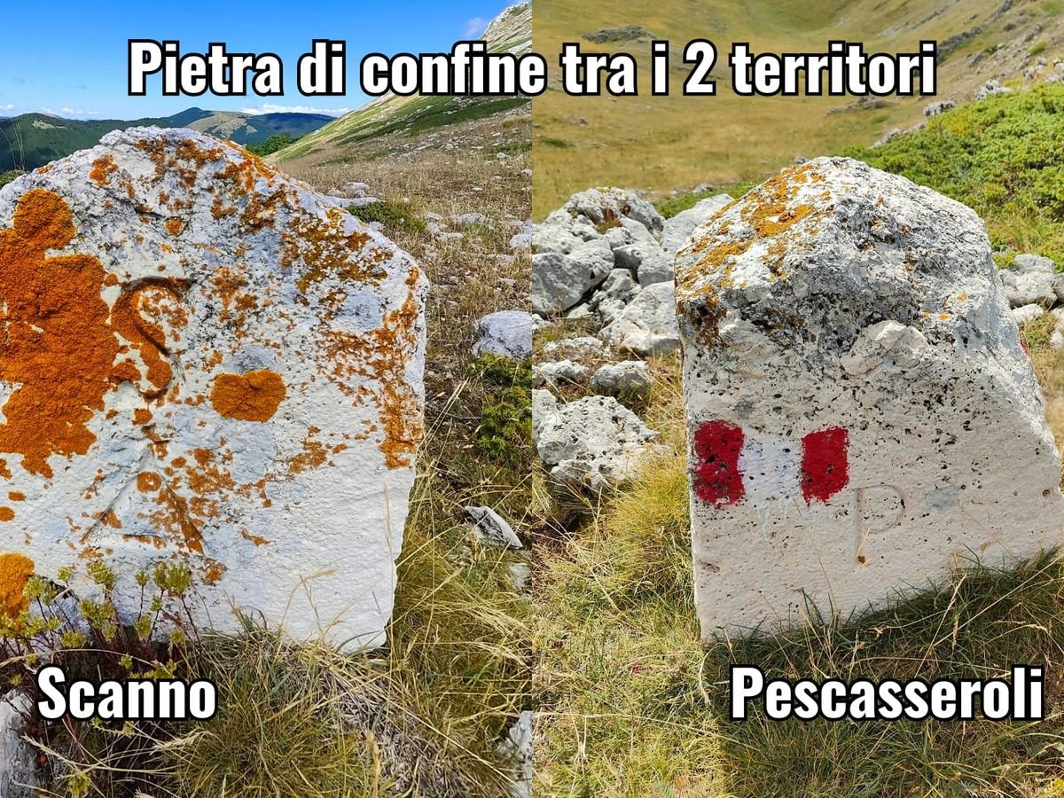 Il cippo di confine visto da due lati: a sinistra il lato di Scanno, bianco con i licheni arancioni, a destra il lato di Pescasseroli, con la P incisa e due segni rossi