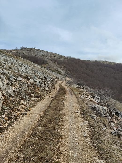 Il sentiero 26: una strada sterrata larga che curva lungo il fianco di una montagna, tra pietre e prati