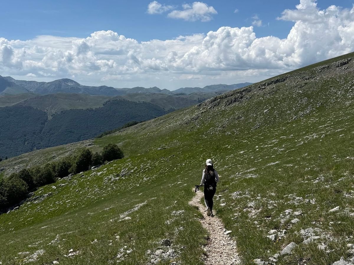 Una escursionista su un sentiero stretto di sassi bianchi, su un pendio d'erba sopra il bosco, con i monti del Parco in lontananza