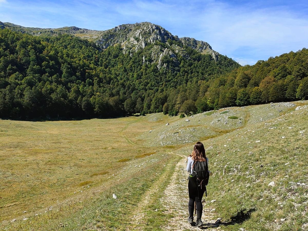 Un'escursionista di spalle sull'Y1, in una conca d'erba sotto i Monti del Campitello coperti di faggi