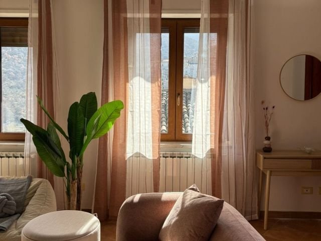 Soggiorno con divano rosa e una pianta; dalla finestra si vedono le case e i tetti di Scanno