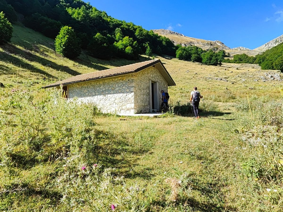 Lo Stazzo di Ciaccariello, una casetta di pietra chiara con il tetto di tegole, su un prato in pendenza sotto un bosco di faggi
