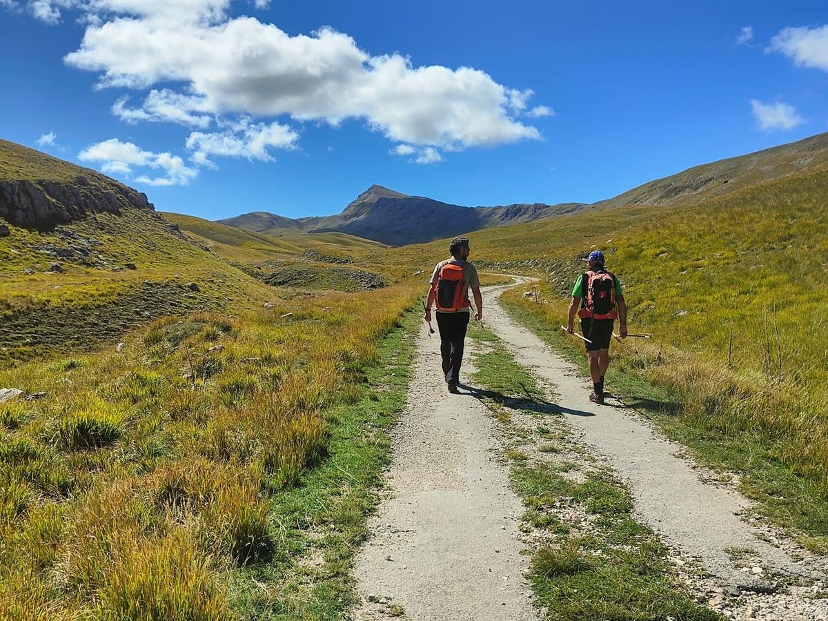 Due escursionisti su una larga strada bianca che sale piano tra prati gialli, con una montagna di roccia sullo sfondo