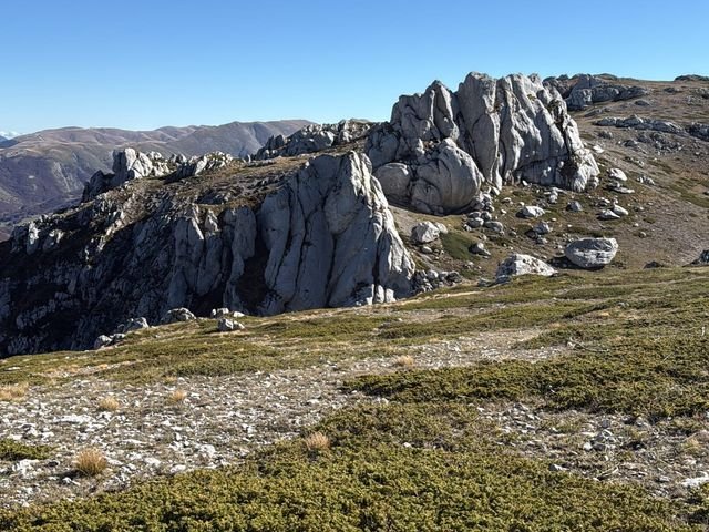 Spuntoni di roccia chiara sopra un prato di ginepri, sotto un cielo blu, al Valico del Carapale