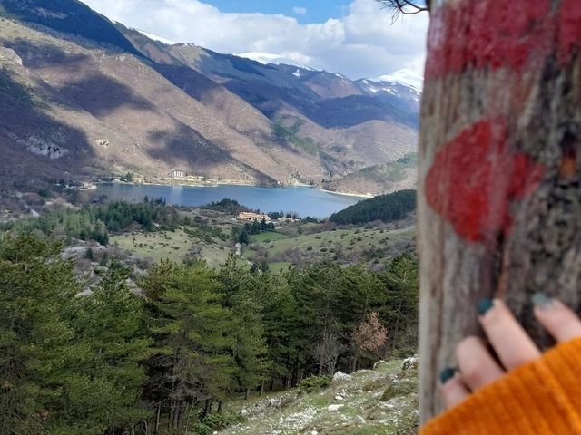 Il Lago di Scanno tra le montagne, visto da un pino con il segno bianco e rosso del CAI sul tronco