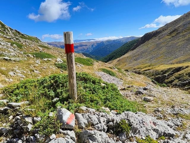 Un paletto di legno con una fascia rossa sul sentiero Y9 e, davanti, una valle di bosco con le montagne in lontananza